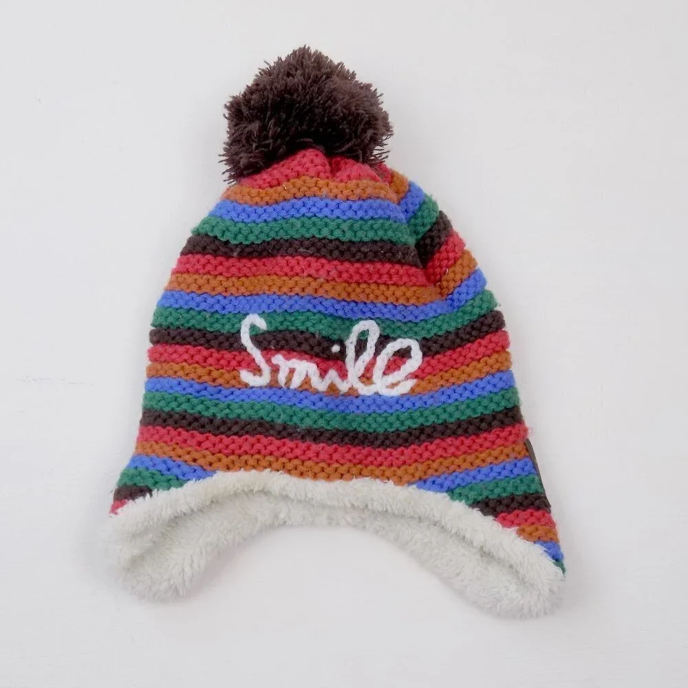 plush sherpa knit stripes pompom hat smile boy or girl